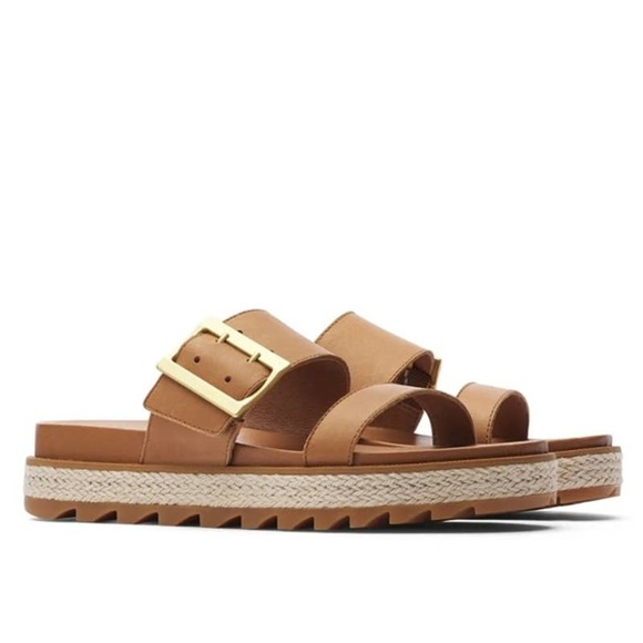 Sorel Shoes - Sorel Roaming Buckle Slide Womens 6 Camel Brown Slides Espadrille Leather